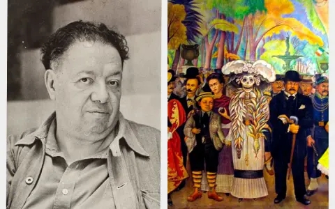 Diego Rivera, kahlos man, bredvid en målning med Frida Kahlo och en skelettfigur.