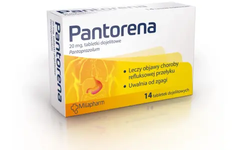 Opakowanie leku Pantorena 20 mg, tabletki dojelitowe, z grafiką żołądka.