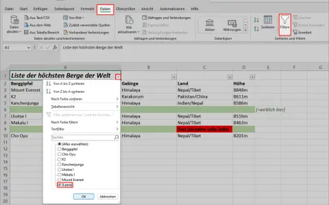 Excel-Tabelle mit gefilterten Daten, die leere Zellen in der Spalte "Höhe" hervorhebt. Die Funktion "Filter" ist aktiv.