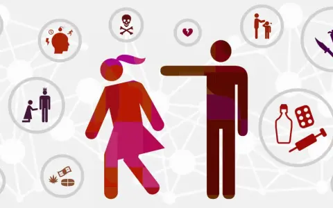 Ilustracja przedstawia parę, wokół której krążą symbole przemocy, uzależnień i braku empatii, sugerując psychopatię.