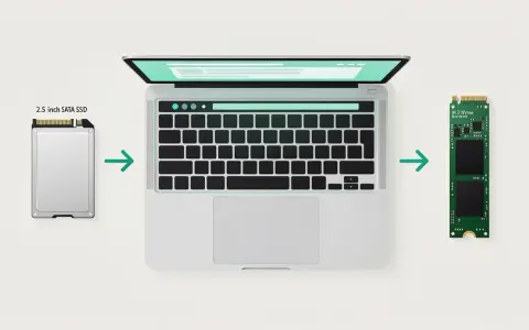 Comparaison de la taille SSD : un disque SATA 2,5 pouces à gauche, un SSD M.2 NVMe à droite, avec un ordinateur portable au centre.
