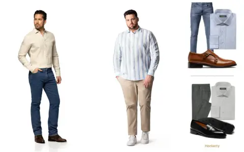 Dos hombres modelan atuendos bussines casual: uno con camisa lino y jeans, otro con camisa a rayas y chinos.