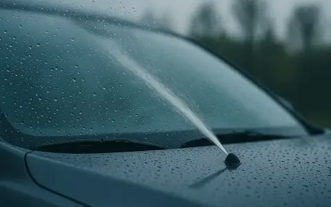 Na mokrej masce samochodu widać strumień powietrza z dyszy spryskiwacza. Pompka spryskiwacza działa, a płyn nie leci.