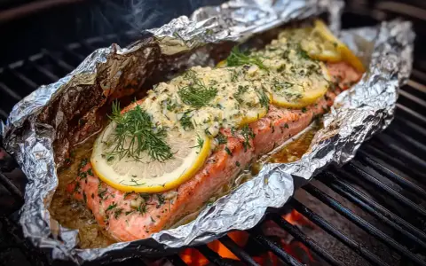 En saftig grillad laxsida i folie, toppad med citronskivor och dill, ångar på grillen.