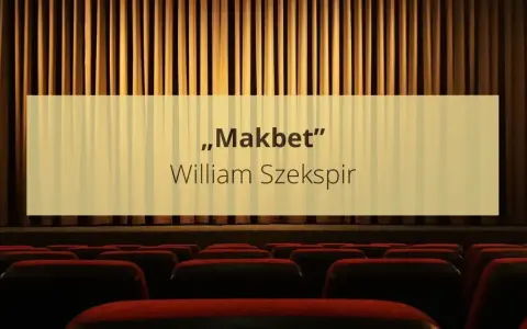 Widok na puste czerwone fotele w teatrze z zasłoną i napisem "Makbet" Williama Szekspira.