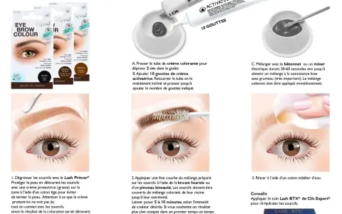 Teinture sourcils : le mélange prêt, application et rinçage pour une durée optimale.