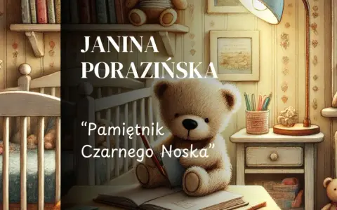 Miś z czarnym noskiem pisze w pamiętniku. Obok przybory do pisania i lampka. W tle łóżeczko i okno.