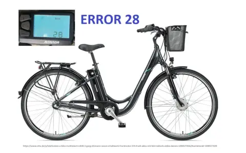 Czarny rower elektryczny z koszykiem i wyświetlaczem pokazującym "ERROR 28". Poznaj kody błędów roweru elektrycznego.