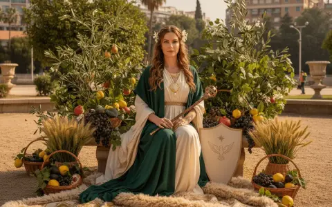 Mujer con túnica verde y blanca, rodeada de frutas y espigas, evoca la templanza y la emperatriz tarot.