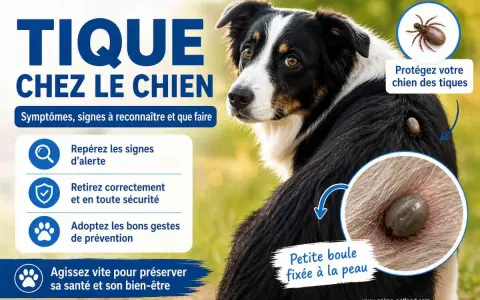 Un chien avec une tique mal enlevée sur le dos. L'image montre des conseils pour protéger votre chien des tiques.