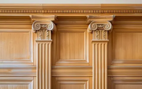 Dwa ozdobne pilastry z drewnianą okładziną ścienną, z kapitelami w stylu korynckim i żłobionymi trzonami.