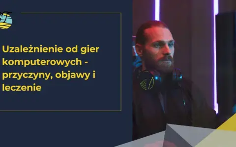 Mężczyzna w słuchawkach, zamyślony, może potrzebować testu na uzależnienie od gier. Tekst: Uzależnienie od gier komputerowych - przyczyny, objawy i leczenie.
