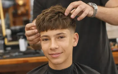 Ein Junge mit einem modernen Haarschnitt, der von einem Friseur gestylt wird. Diese Frisuren für Jungs sind im Trend.