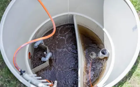 Wnętrze zbiornika biofos z ciemną wodą i rurami.
