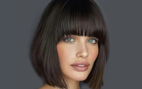 Elegancka kobieta po czterdziestce z modną fryzurą z grzywką. Jej niebieskie oczy przyciągają wzrok.