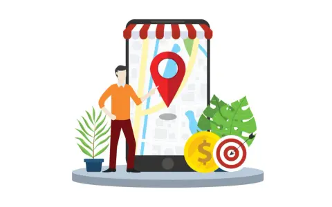 Hombre señalando un mapa en un móvil, simbolizando el **posicionamiento web local**. Moneda y diana sugieren éxito y objetivos.