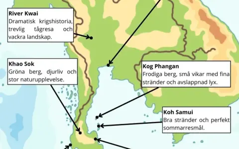 Karta över turistorter i Thailand: River Kwai, Khao Sok, Koh Phangan och Koh Samui.