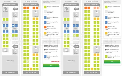 Schemat pokazuje, ile miejsc w autokarze Flixbus jest dostępnych na różnych poziomach i typach siedzeń.