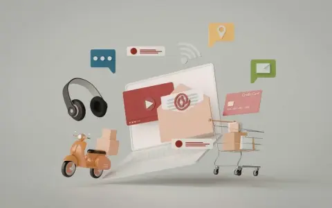 Laptop z ikonami: słuchawki, skuter z paczkami, koszyk sklepowy, karta kredytowa, koperta z @, lokalizacja, Wi-Fi, czat. To co to reklama.