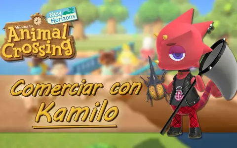 Kamilo, el lagarto de Animal Crossing, listo para comerciar con su gran escarabajo y red.