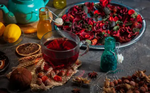 Ein Glas roter Tee, Zitrone und Nüsse. Welcher Tee senkt Cholesterin und Blutdruck? Vielleicht dieser aromatische Aufguss.