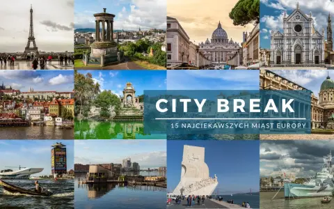 Kolaż zdjęć prezentujący najpiękniejsze miasta Europy: Wieża Eiffla, Watykan, Florencja, Praga, Lizbona i inne.