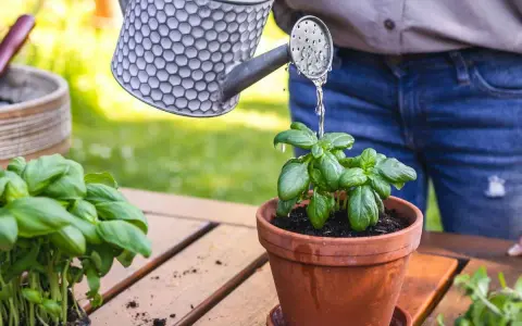 Arrosage basilic en pot, avec une arrosoir en métal. Les feuilles vertes et fraîches du basilic sont arrosées.