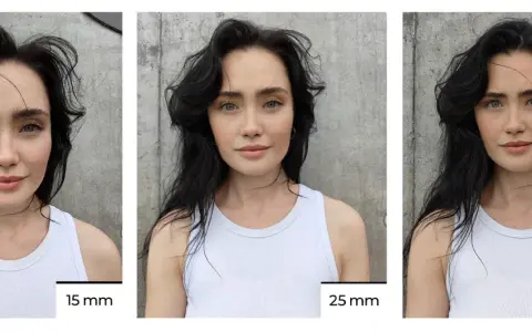Portret kobiety w białej bluzce, prezentujący różne ogniskowe: 15 mm, 25 mm i 50 mm.