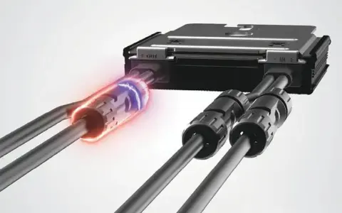 Enhet för solpaneler optimerare med kablar som ansluts. En kabel lyser med blå och röd energi.
