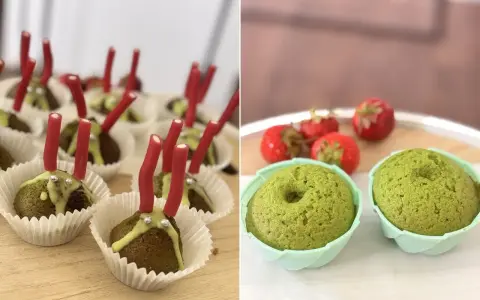 Dwa ujęcia: muffinki z czerwonymi patyczkami i posypką, oraz zielone muffinki z truskawkami.