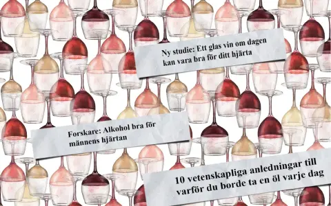 Vattenfärgsillustration av vinglas i olika färger. Texten "Forskare: Alkohol bra för männens hjärtan" och "Ny studie: Ett glas vin om dagen kan vara bra för ditt hjärta" antyder att alkohol kan ha hälsofördelar, men det är viktigt att komma ihåg att do...