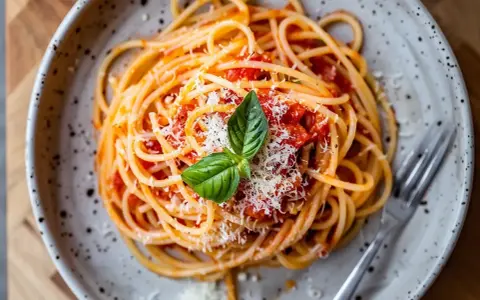 En tallrik med spaghetti och tomatsås, toppad med riven parmesan och en basilikakvist. Perfekt för en krämig burrata pasta.
