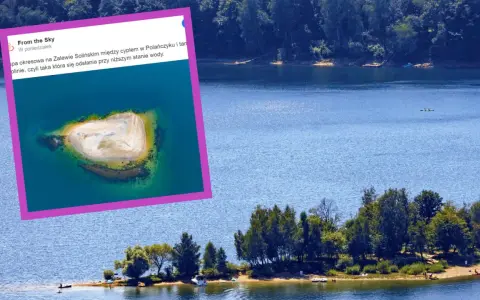 Wyspa okresowa na Zalewie Solińskim odsłonięta przy niskim stanie wody. Widok z lotu ptaka na piaszczysty cypel.