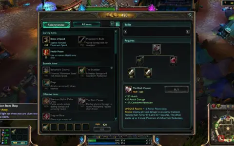 W grze League of Legends, gracz rozważa zakup przedmiotu "The Black Cleaver", który daje +250 zdrowia, +50 obrażeń ataku i redukcję czasu odnowienia.