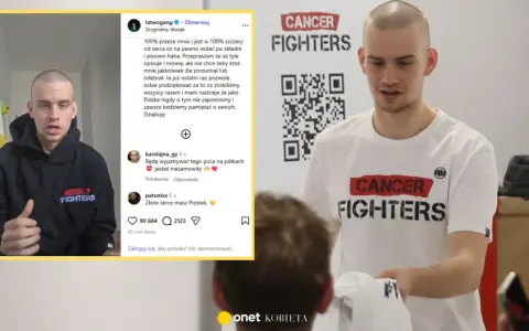 Młody mężczyzna w czarnej bluzie z napisem "Cancer Fighters" i białej koszulce z tym samym hasłem. To jego orginał, szczery przekaz.