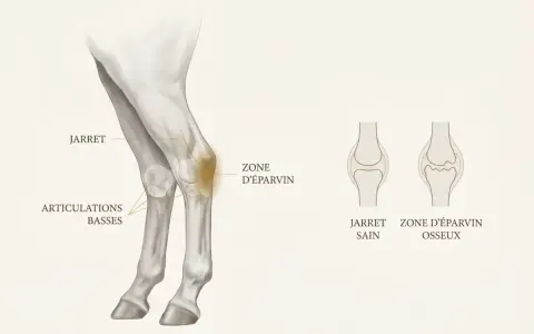 Illustration anatomique du jarret de cheval, montrant la zone d'éparvin et les articulations basses. Comparaison entre un jarret sain et une zone d'éparvin osseuse.