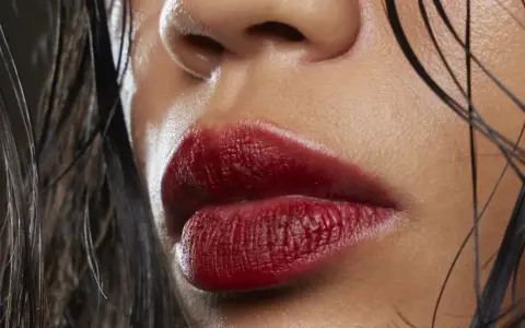 Labbra sensuali con rossetto ciliegia, un colore audace che esalta la bellezza naturale. Capelli bagnati e pelle luminosa completano il look.