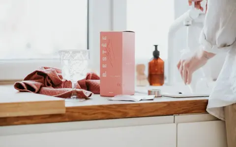 Różowe pudełko z kolagenem B. ESTÉE, szklanka wody i ręcznik. To estetyczne zdjecia produktowe.