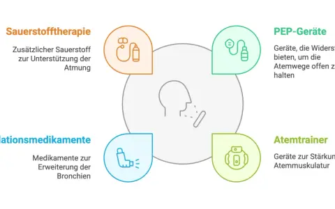 Schema zeigt Therapien bei COPD: Sauerstoff, Inhalationsmedikamente, PEP-Geräte, Atemtrainer. Hilft bei einem COPD-Anfall.