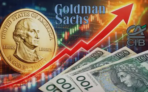 Złoty vs dolar: czy warto kupować dolary? Goldman Sachs analizuje rynek. W tle wykresy giełdowe i moneta z USA.