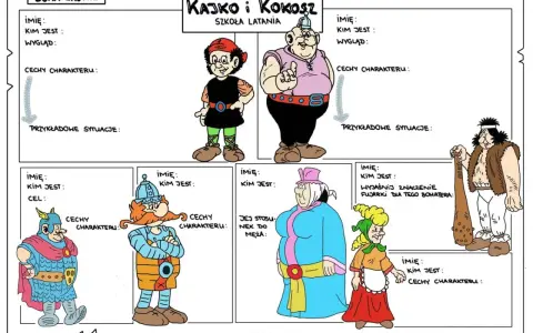 Kajko i Kokosz Szkoła Latania: bohaterowie komiksu z opisami ich cech i wyglądu.