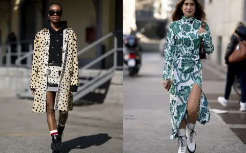 Due donne sfoggiano un look elegante con anfibi: una con cappotto maculato e minigonna, l'altra con abito floreale e stivali bianchi.