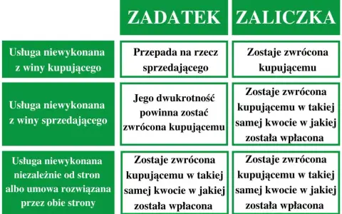 Tabela porównuje zadatek i zaliczkę. Zadatek przepada, gdy kupujący rezygnuje, a gdy sprzedający, zwraca dwukrotność.