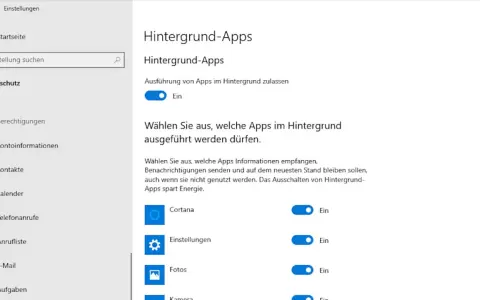 Windows 10 Einstellungen: Hintergrund-Apps verwalten. Hier können Sie festlegen, welche Apps im Hintergrund laufen dürfen, um Energie zu sparen.
