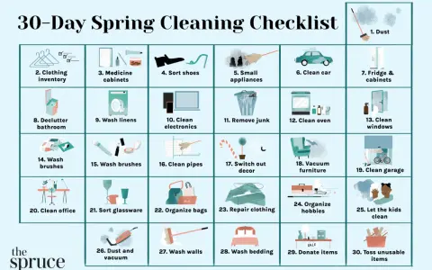 A 30-day spring cleaning checklist with illustrated tasks like dusting, organizing clothes, cleaning appliances, and decluttering.