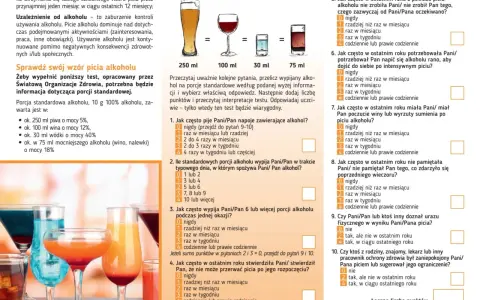 Na stypie jest alkohol? Test samooceny picia alkoholu, z pytaniami o częstotliwość spożywania i konsekwencje.