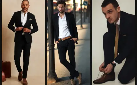 Three men showcase stylish black suit combinations. One wears a suit with a scarf, another with a belt, and the third ties his shoes.