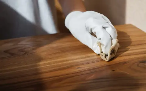 Main d'une personne portant un gant blanc, appliquant de la cire sur un meuble en bois. Apprendre comment cirer un meuble pour le protéger.
