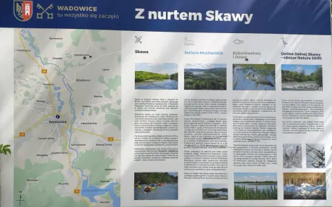 Wadowice i okolice: mapa z zaznaczoną rzeką Skawą, Jeziorem Mucharskim i obszarem Natura 2000. Odkryj piękno przyrody i historię regionu.