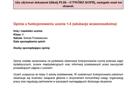 Opinia o funkcjonowaniu ucznia w edukacji wczesnoszkolnej, oceniająca jego postępy i trudności w nauce.